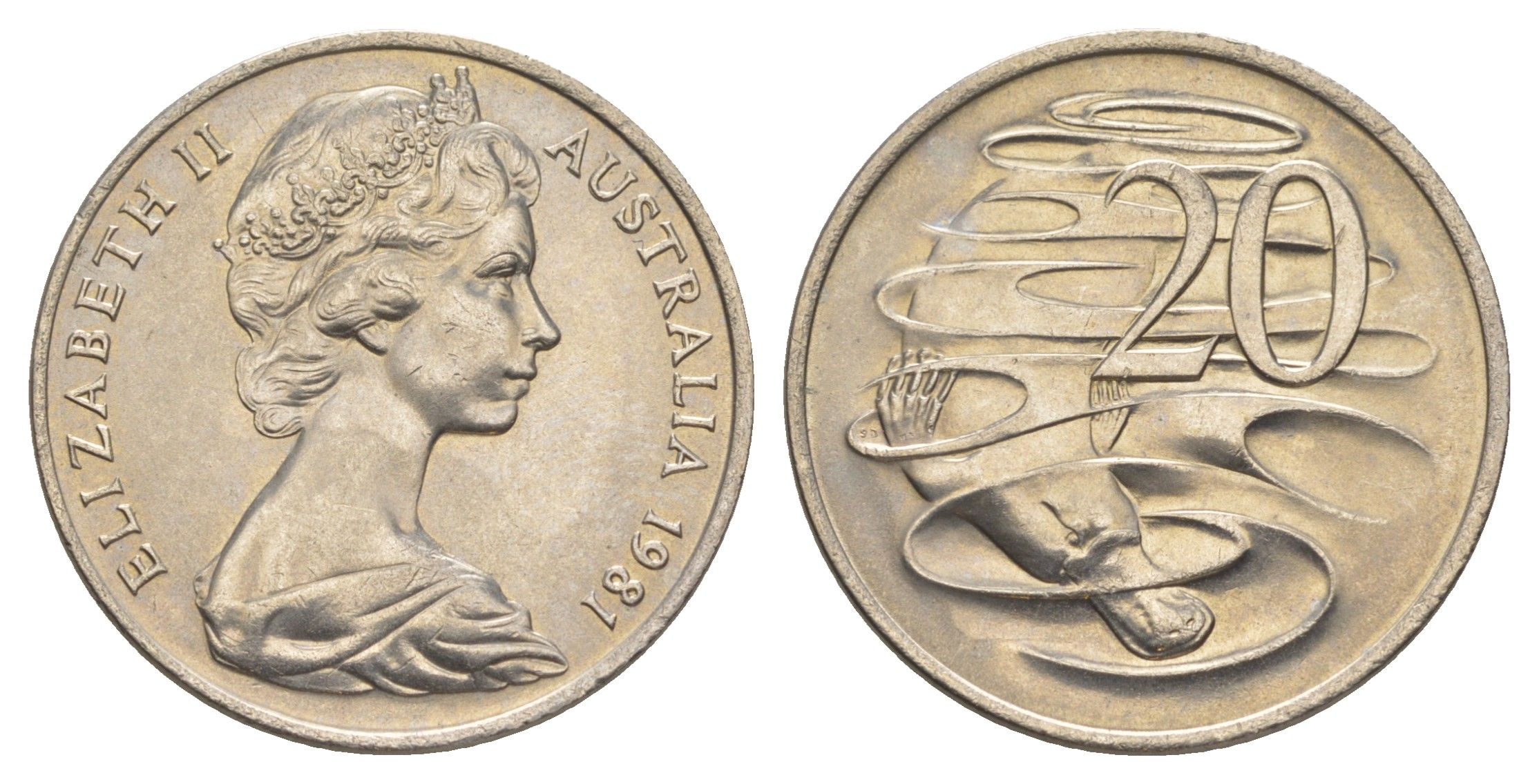 Австралия 20 центов 1981 Елизавета II (1952-2022), утконос KM 66 медно-никель UNC 4381-537