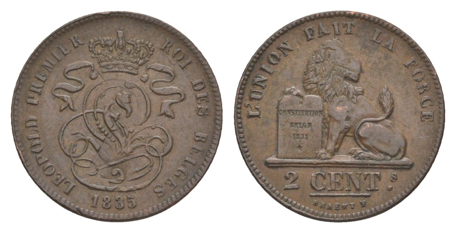 Бельгия 2 сантима 1835 KM 4 медь 1522-1311