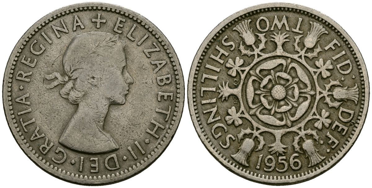 Великобритания 2 шиллинга (флорин) 1956 Елизавета II (1952-2022) KM 906, Spink 4146 медно-никель 4120-343