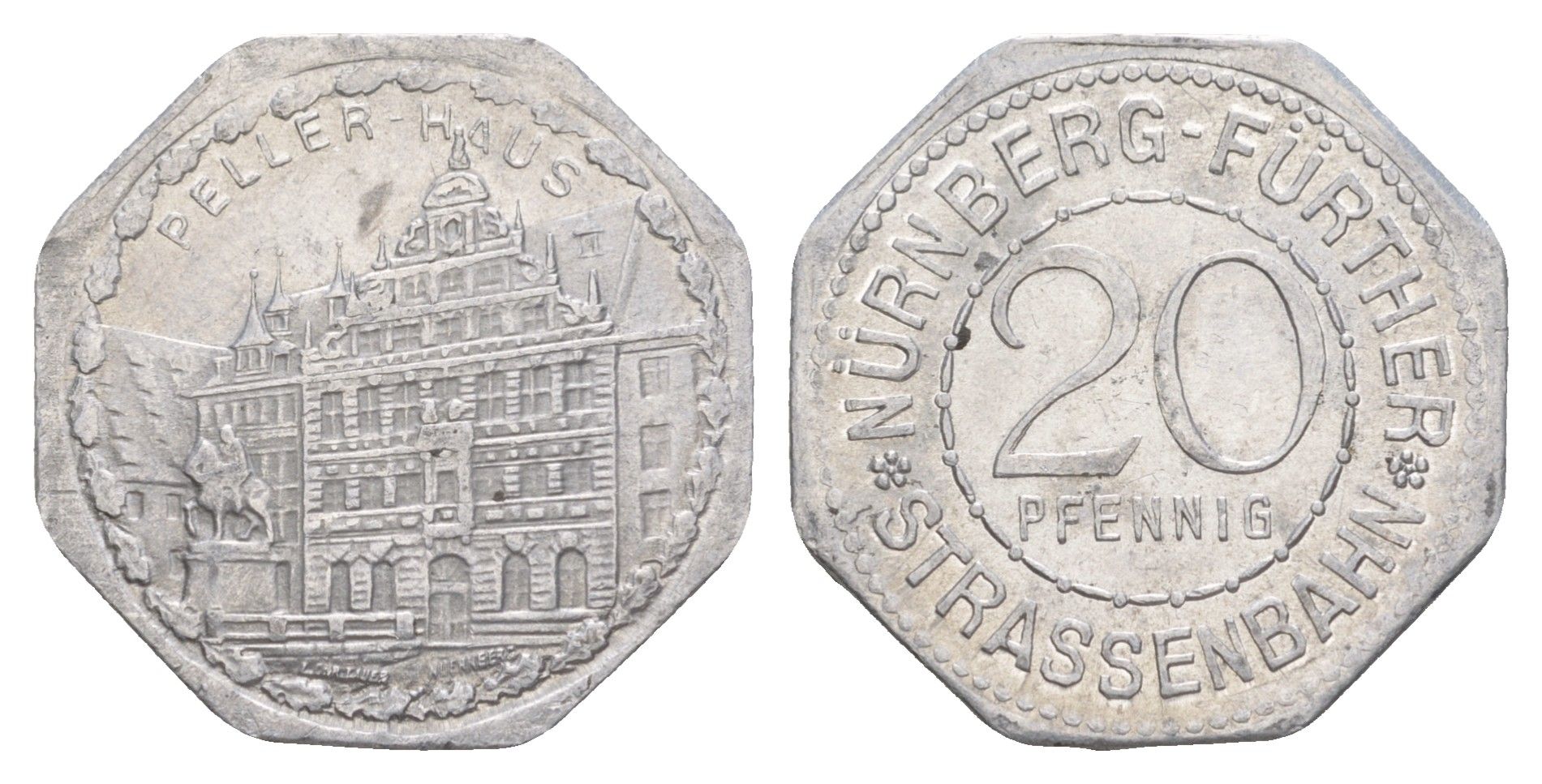 Нюрнберг трамвайный (транспортный) жетон в 20 пфеннигов ND (1920-1921) Пеллерхаус Men05 19256.28, Men18 24102.28 алюминий aUNC 3459-531