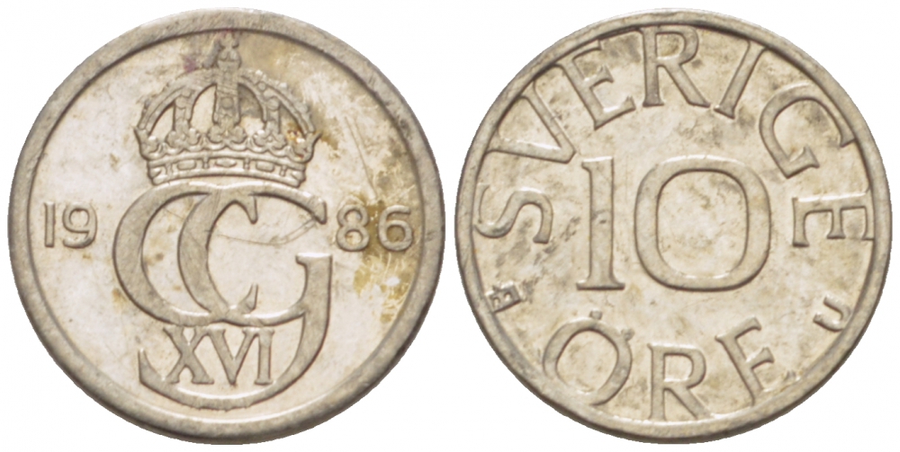 Швеция 10 эре 1986 U Карл XVI Густав (1973- ) KM 850 медно-никель 3955-355