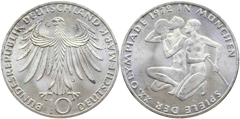 ФРГ 10 марок 1972 J, XX летние Олимпийские Игры, Мюнхен 1972, спортсмены KM 132, J. 403 серебро 58-1042