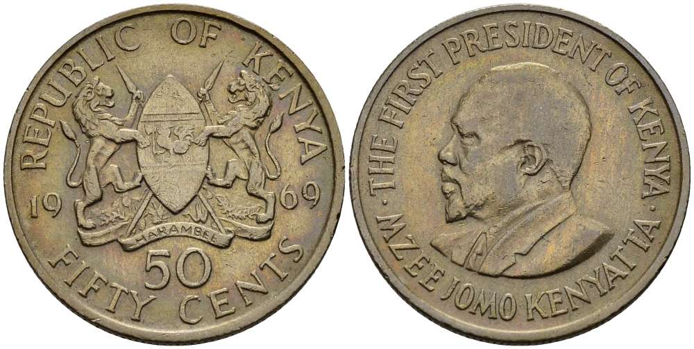 Кения 50 центов 1969 Джомо Кениата KM 13 медно-никель 3457-952