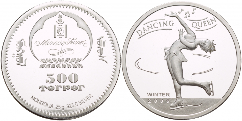 Монголия 500 тугриков 2006 танцующая королева, фигурное катание, алмаз серебро PROOF 1088-3-61