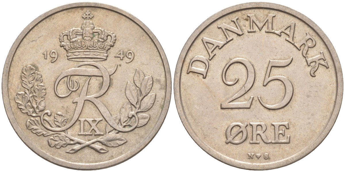 Дания 25 эре 1949 N; S, Фредерик IX (1947-1972) KM 842.1 медно-никель 94-836