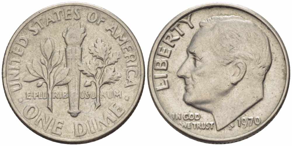 США 10 ЦЕНТОВ = 1 ДАЙМ 1970 РУЗВЕЛЬТ KM 195а медь плакированная медно-никелем 105-654