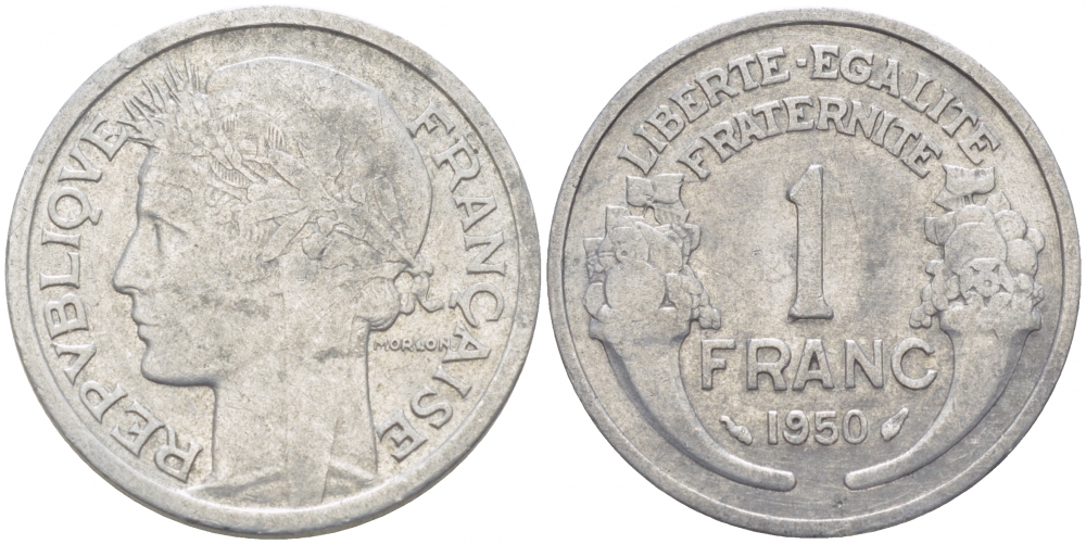 ФРАНЦИЯ 1 ФРАНК 1950 KM 885a 1 алюминий 4402-1111