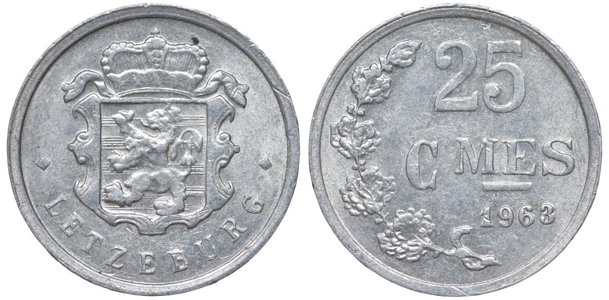Люксембург 25 сантимов 1963 KM 45a.1 алюминий 4549-613