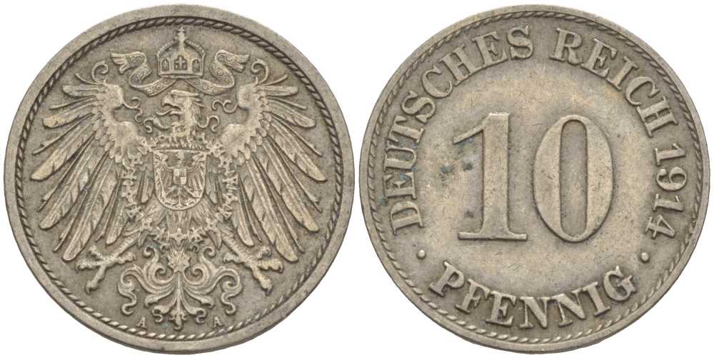 ГЕРМАНИЯ 10 ПФЕННИГОВ 1914 A KM 12, J. 13 медно-никель 33-1011