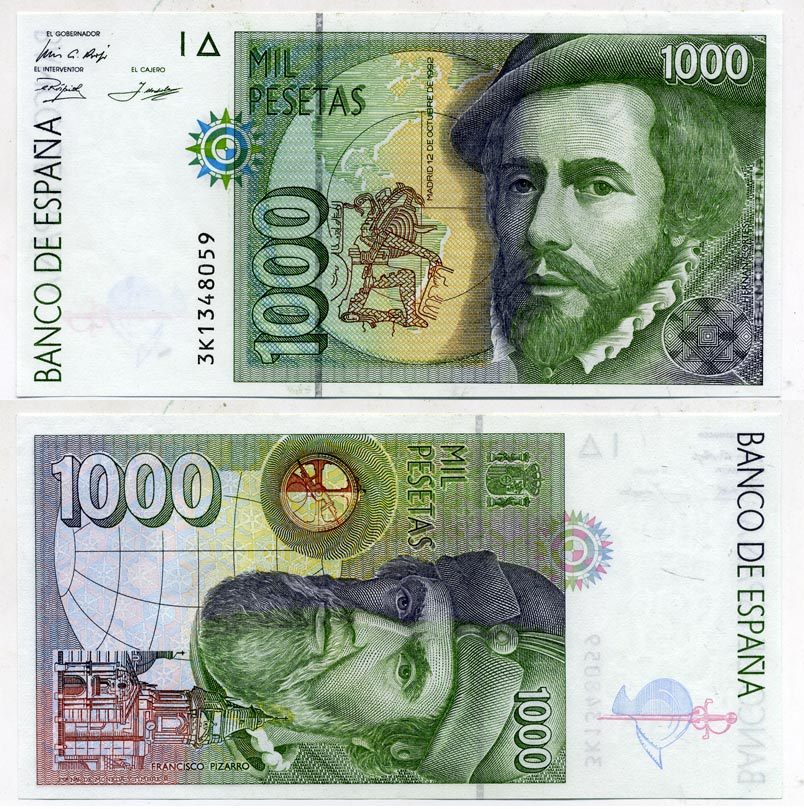 ИСПАНИЯ 1000 ПЕСЕТ 1996 12 ОКТЯБРЯ 1992, ГЕРМАН КОРТЕС, ФРАНСИСКО ПИСАРРО Pick 163 бумага aUNC 6279-14-2-1