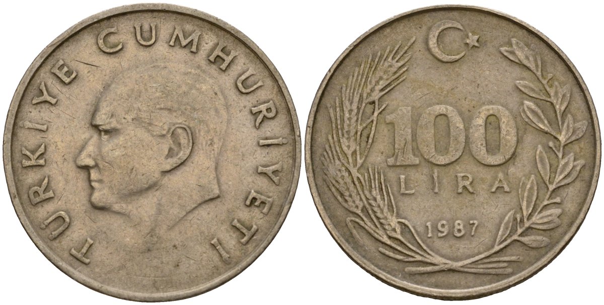 Турция 100 лир 1987 KM 967 медь цинк никель 4599-325