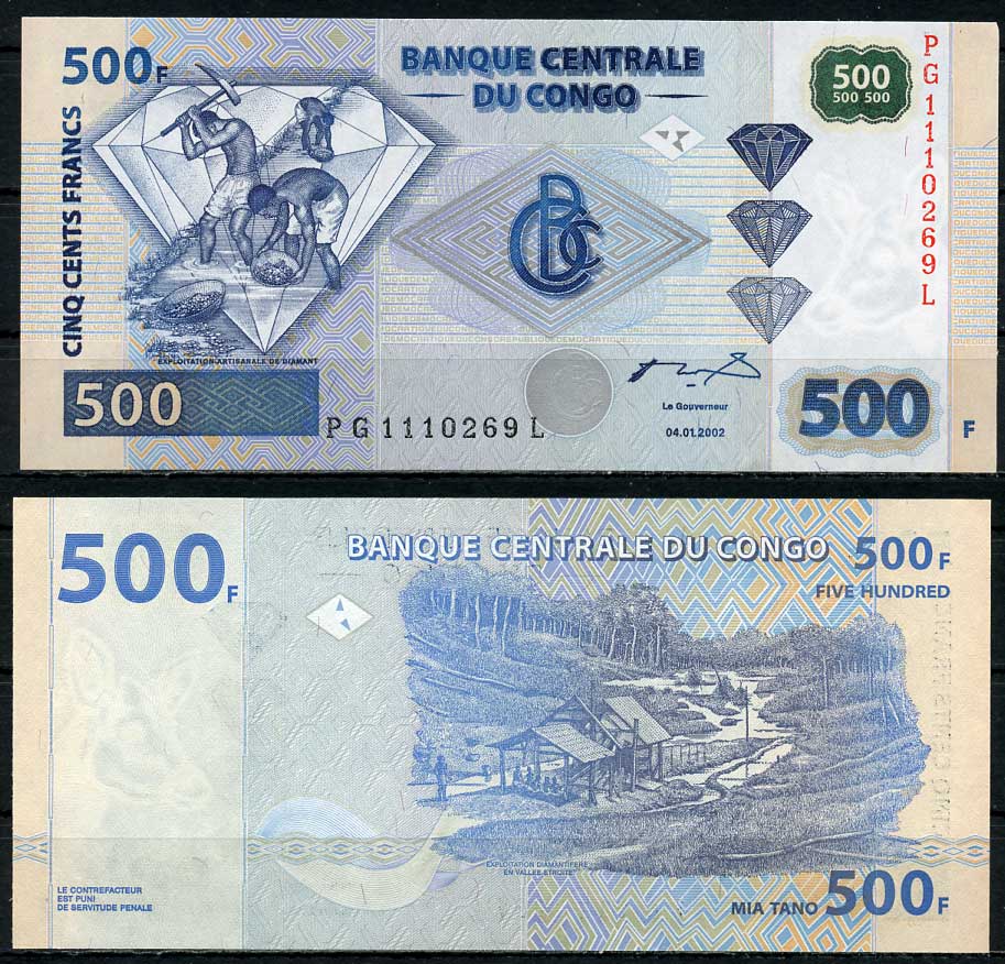 ДР Конго 500 франков 2002 добыча алмазов, Hotel des Monnaies, B.C.C., в серии 2 буквы Pick 96B бумага UNC (пресс) 448-127-1