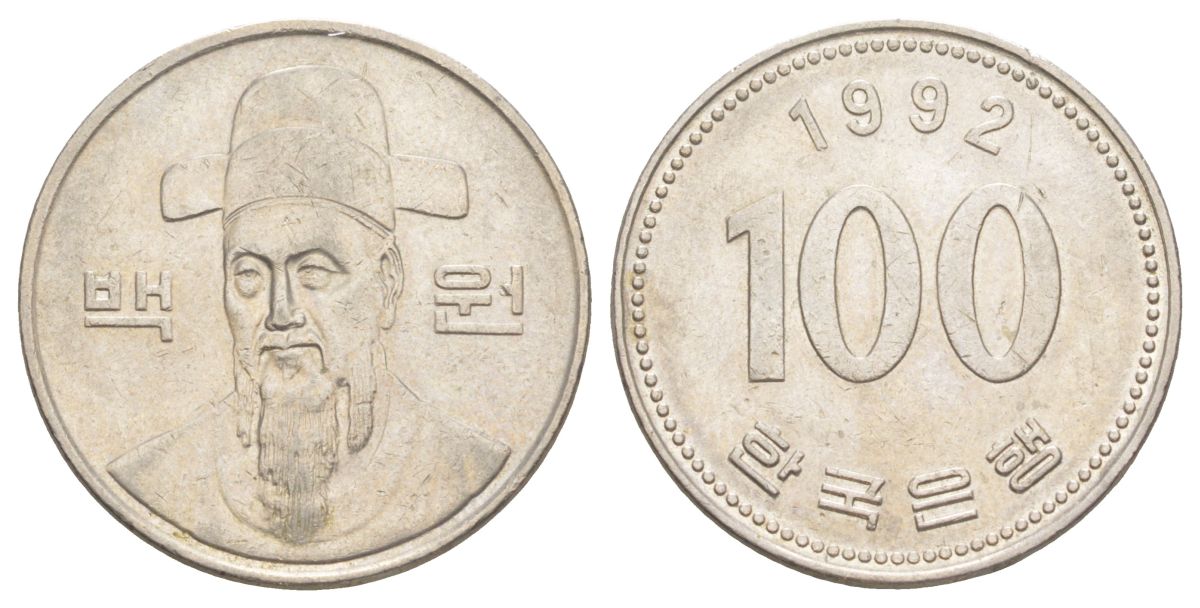 Южная Корея 100 вон 1992 Ли-Сунсин, корейский флотоводец KM 35 медно-никель 4629-716