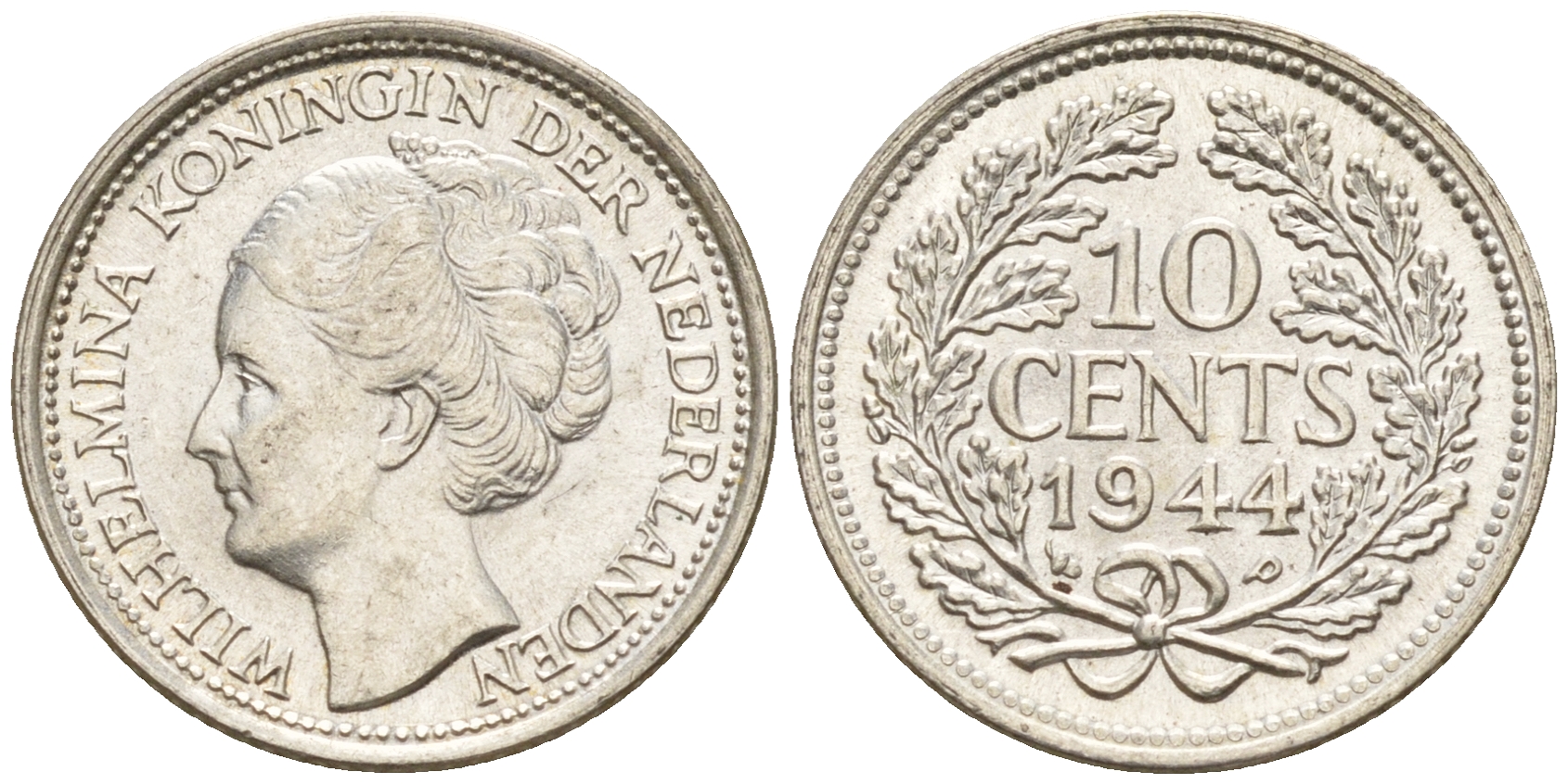 Нидерланды 10 центов 1944 P, Вильгельмина I (1890-1948) KM 163 серебро  4160-1246