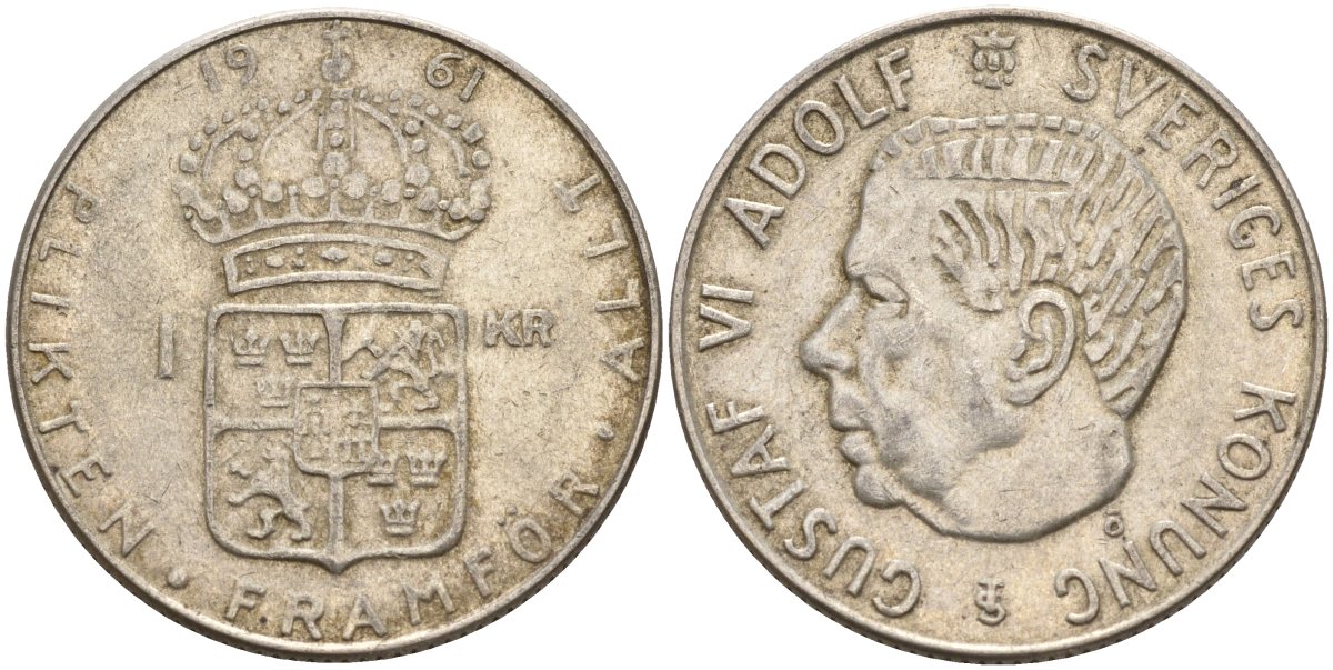 Швеция 1 крона 1961 TS, Густав VI Адольф (1950-1973) KM 826 серебро 4150-116