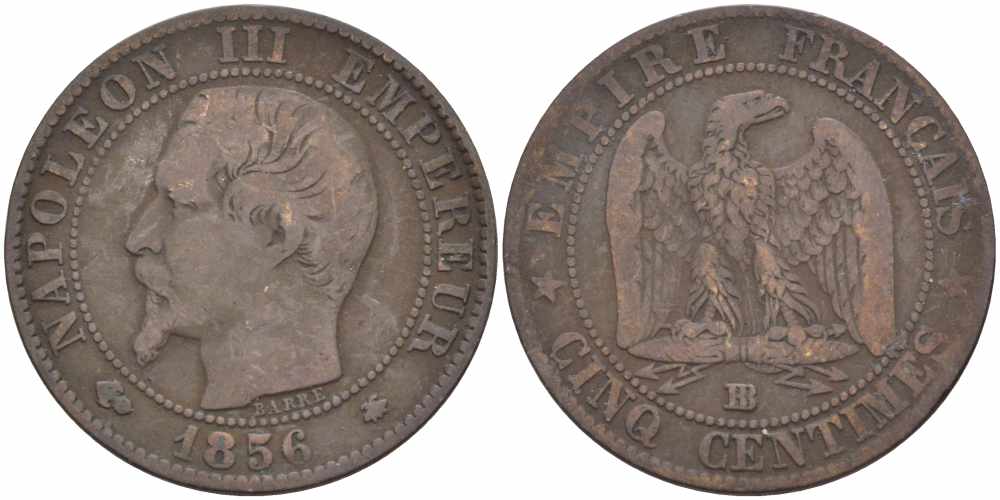 Франция 5 сантимов 1856 BB, Наполеон III (1852-1870) KM 777.3, LE FRANC 116.32 бронза 108-412