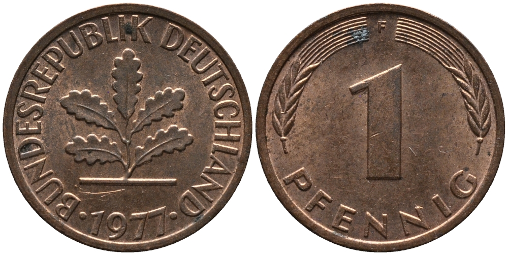 ФРГ 1 пфенниг 1977 F KM 105, J.380 сталь плакированная медью 99-338