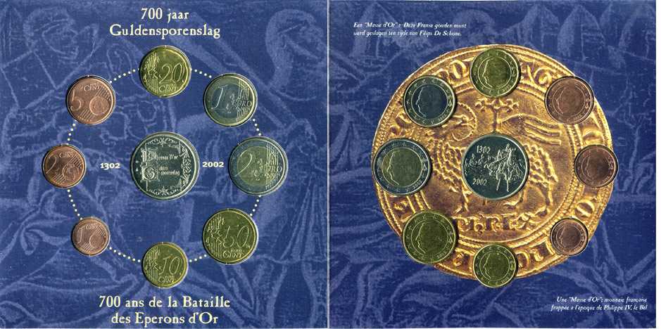 Бельгия евронабор из 8 монет + жетон 2002 700 лет битве при Куртре,  в оригинальном картонном буклете    UNC  6-5-3-20