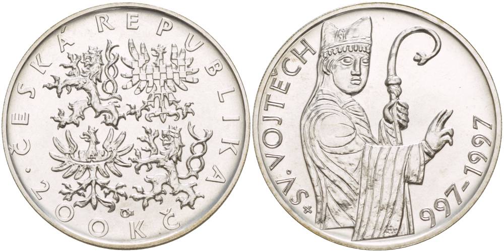 ЧЕХИЯ 200 КРОН 1997 1000 ЛЕТ СО ДНЯ СМЕРТИ СВЯТОГО ВОЙТЕХА, АДАЛЬБЕРТА ПРАЖСКОГО (997-1997) KM 27 серебро UNC 00-000-00