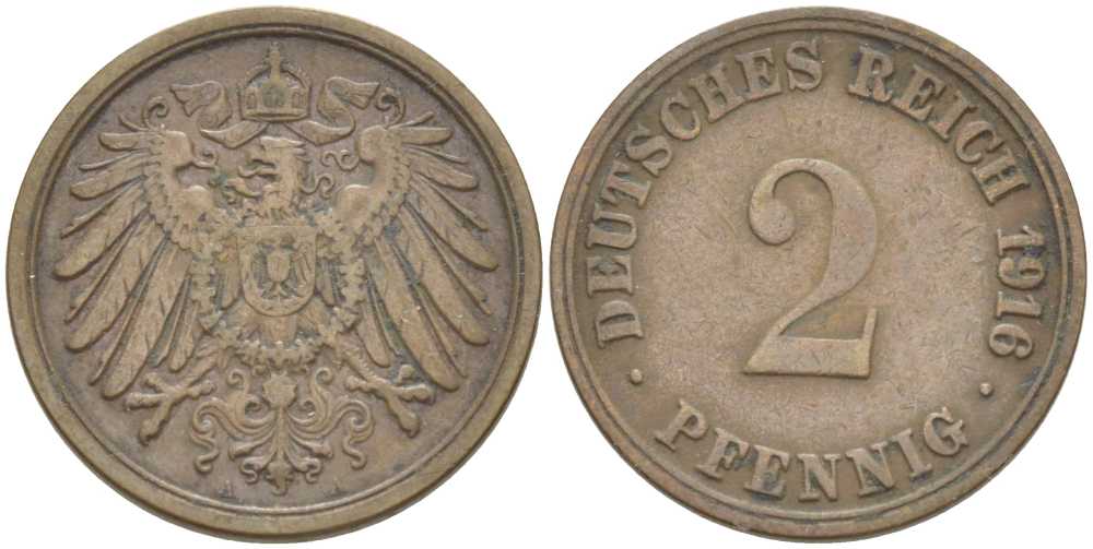 Германия 2 пфеннига 1916 A KM 16, J. 11, Weege 4 медь 212-425