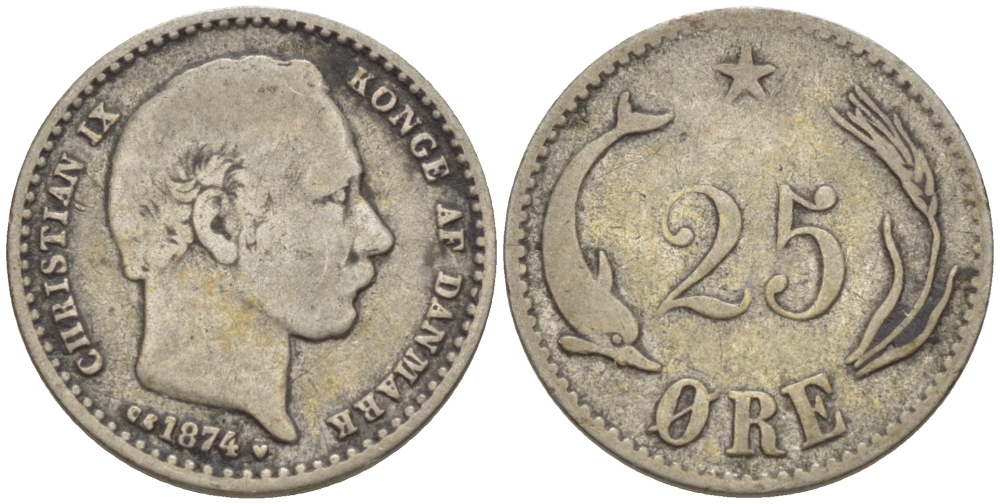 Дания 25 эре 1874 H-CS, Кристиан IX (1863-1906) KM 796.1 серебро 1527-641