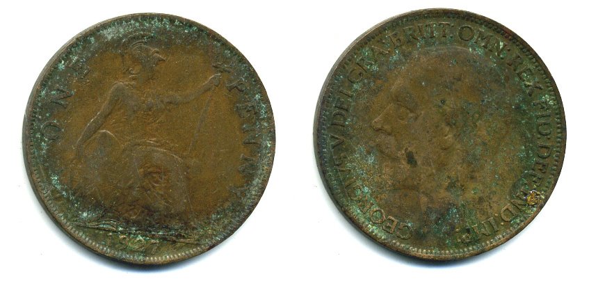 Великобритания 1 пенни 1927 Георг V (1910-1936) КМ 826, Spink 4054 бронза 41-936