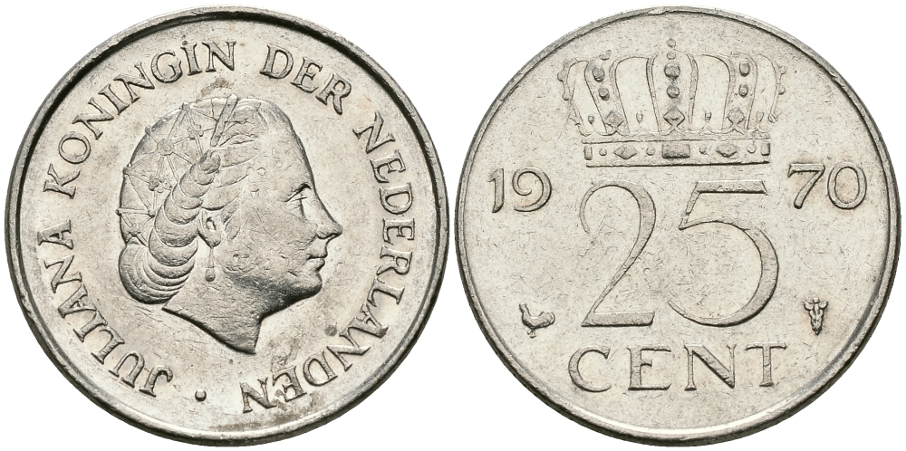 НИДЕРЛАНДЫ 25 ЦЕНТОВ 1970 ЮЛИАНА KM 183 никель 96-223