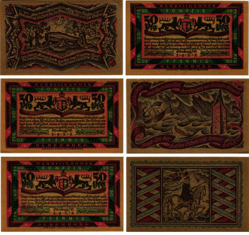ОЛЬДЕНБУРГ НАБОР ИЗ 3 БАНКНОТ ПО 50 ПФЕННИГОВ 1921 НОТГЕЛЬД, ЗЕМЛЯ НИЖНЯЯ САКСОНИЯ Keller 1017.1 бумага 6318-13-1-1