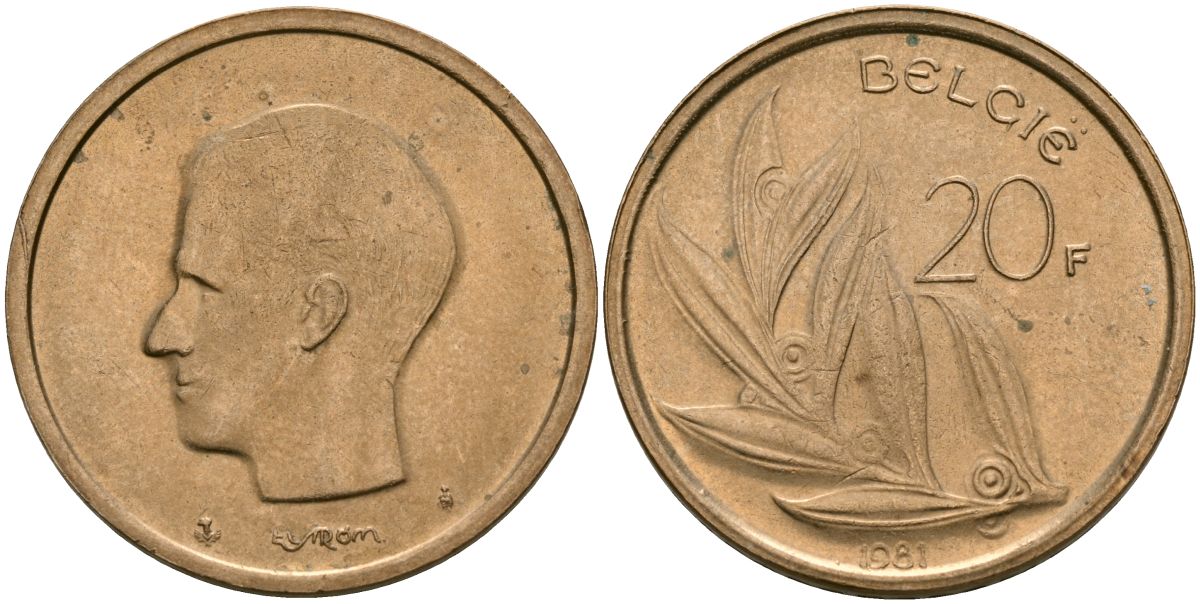 Бельгия 20 франков 1981 Belgie KM 160 никель бронза 4120-1126