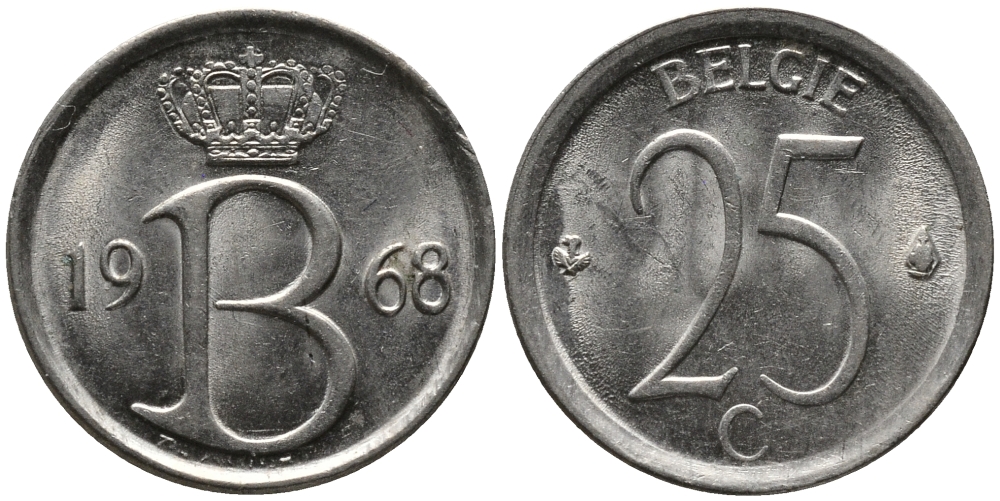Бельгия 25 сантимов 1968 Belgie, Бодуэн I (1951-1993) KM 154.1 медно-никель 99-355