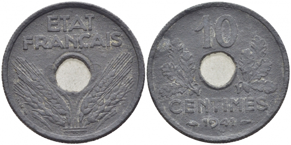 ФРАНЦИЯ 10 САНТИМОВ 1941 ПРАВИТЕЛЬСТВО ВИШИ KM 898.1 цинк 4448-227