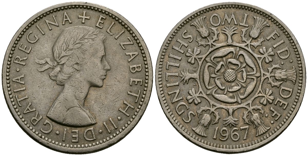 Великобритания 2 шиллинга (флорин) 1967 Елизавета II (1952-2022) KM 906, Spink 4146 медно-никель 4120-342