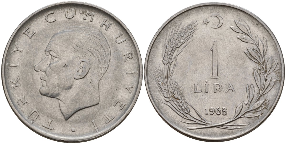 Турция 1 лира 1968 Мустафа Кемаль Ататюрк KM 889a.2 нержавеющая сталь 4149-1244