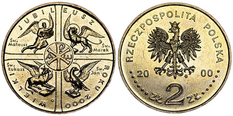 Польша 2 злотых 2000 MW, великий юбилей 2000, миллениум KM 376 нордик UNC 4153-1113