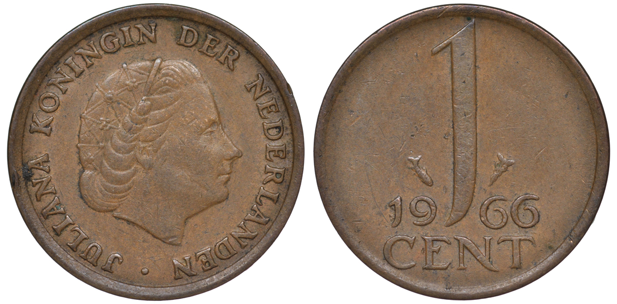 НИДЕРЛАНДЫ 1 ЦЕНТ 1966 ЮЛИАНА KM 180 бронза 45-433