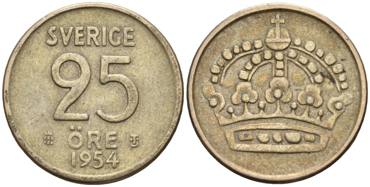 Швеция 25 эре 1954 TS, Густав VI Адольф (1950-1973) KM 824 серебро 4147-1038