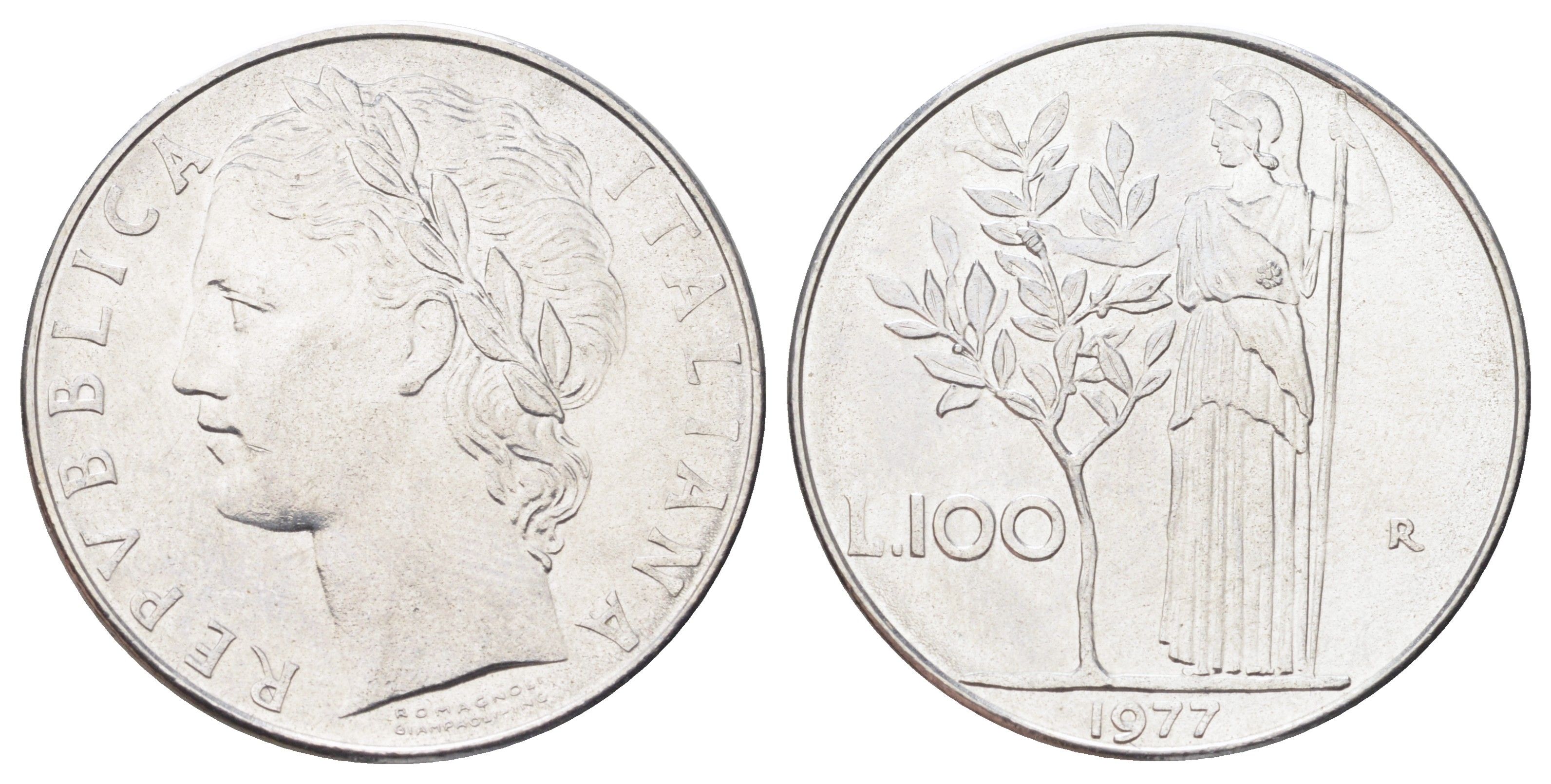 Италия 100 лир 1977 R, Афина у оливкого дерева KM 96.1 нержавеющая сталь UNC 3336-815