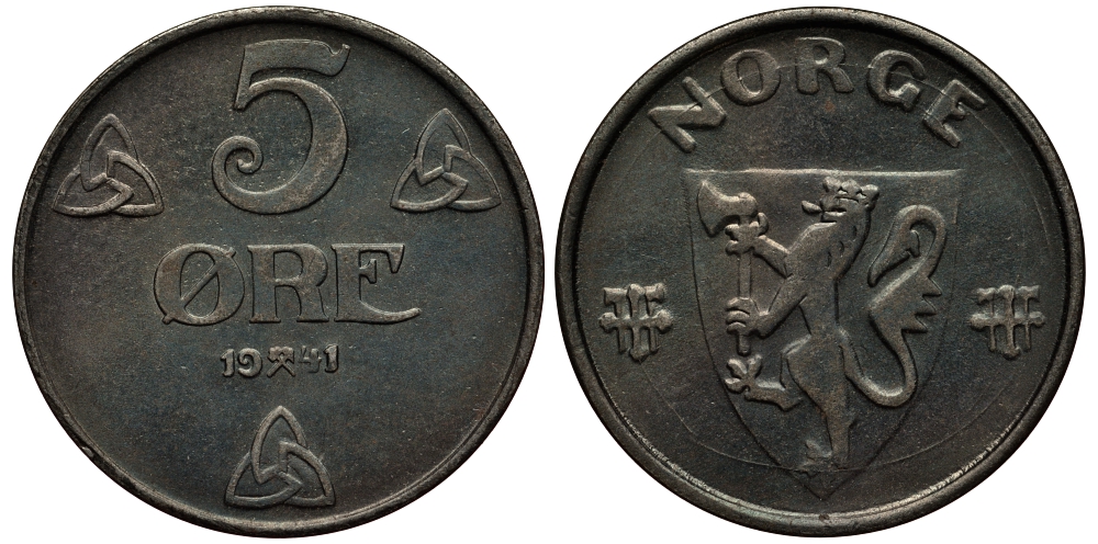 НОРВЕГИЯ 5 ЭРЕ 1941 ХОКОН VII (1905-1957) KM 388 железо 1520-1225