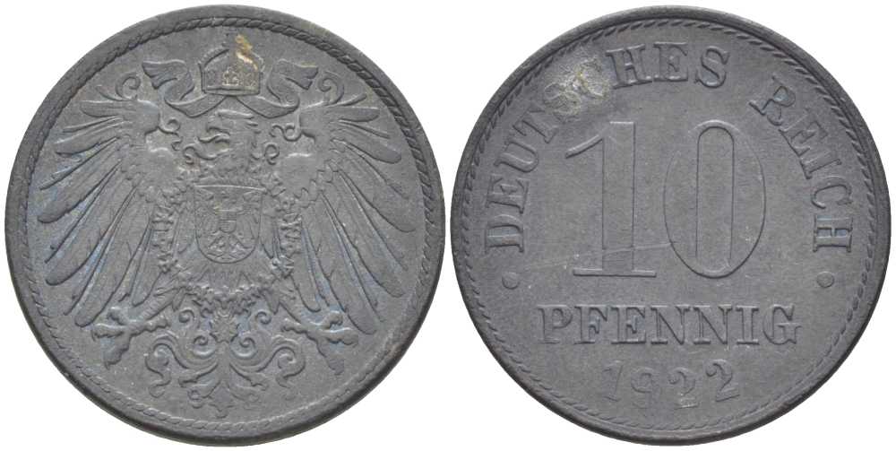 ГЕРМАНИЯ 10 ПФЕННИНГОВ 1922 KM 26, J.299, Weege 8 цинк 202-222