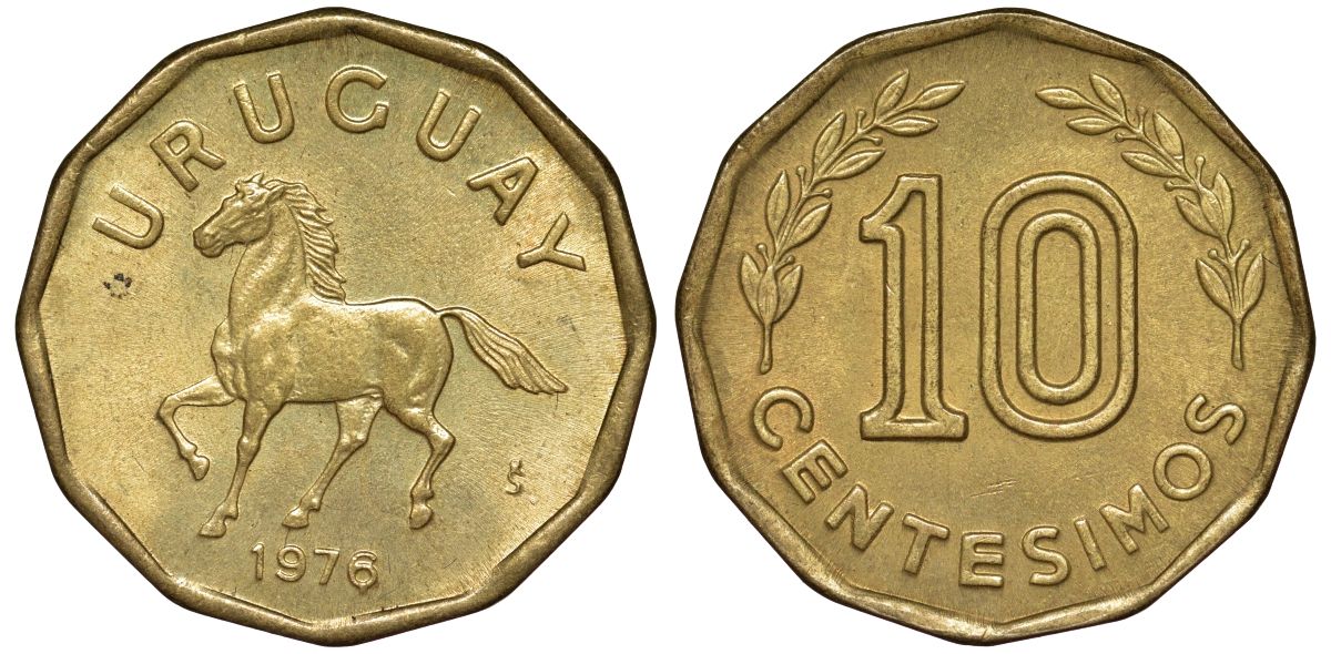 Уругвай 10 сентесимо 1976 KM 66 алюминиевая бронза 4164-741