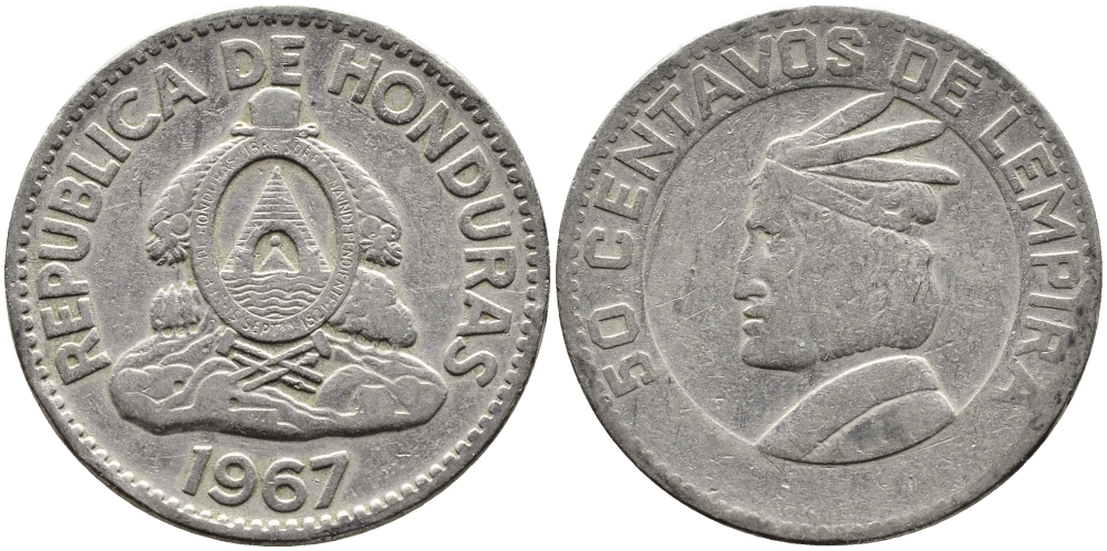 Гондурас 50 сентаво 1967 бюст касика Лемпира KM 80 медно-никель 4390-136