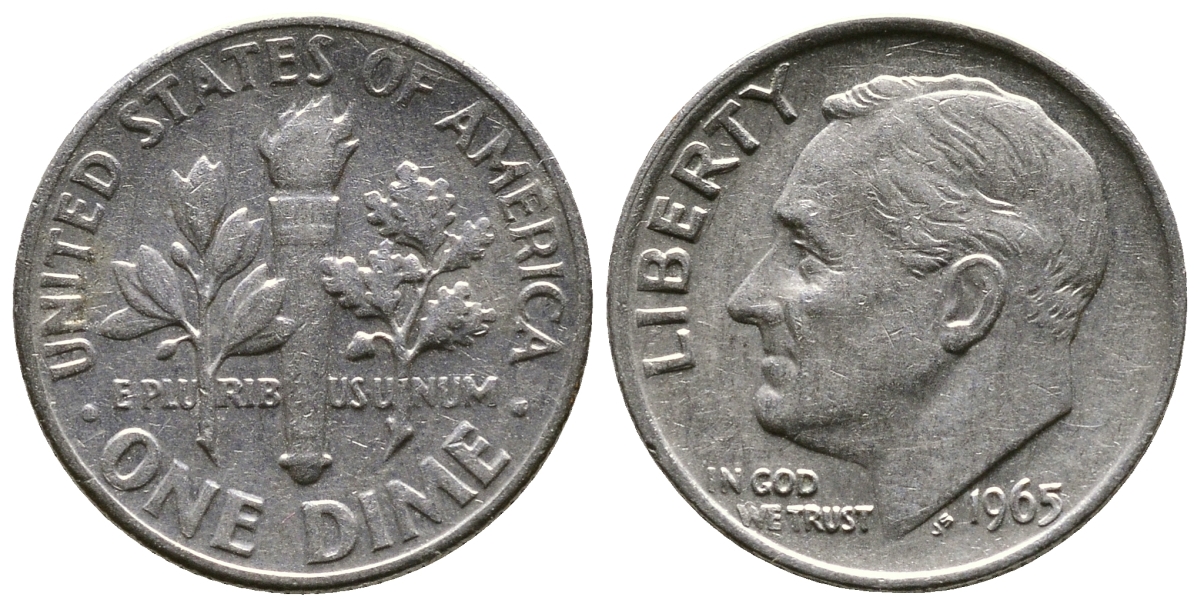 США 10 ЦЕНТОВ = 1 ДАЙМ 1965 РУЗВЕЛЬТ KM 195а медь плакированная медно-никелем 08-1351