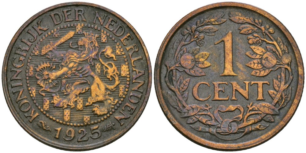 Нидерланды 1 цент 1925 Вильгельмина (1890-1948) KM 152 бронза 4576-1057