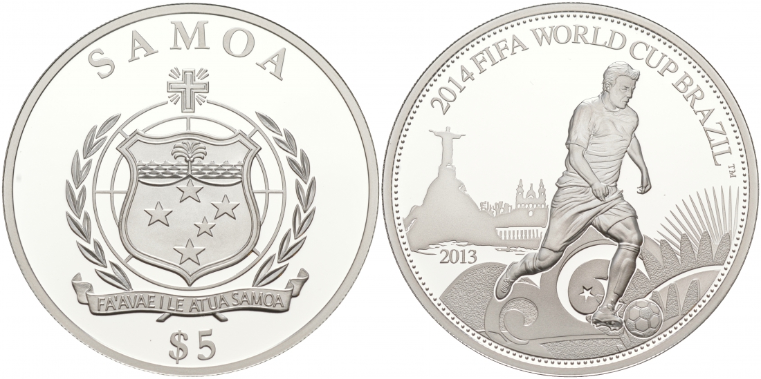 Самоа 5 тала 2013 FIFA, Чемпионат мира по футболу в Бразилии 2014 KM NEW серебро PROOF 11-056-32