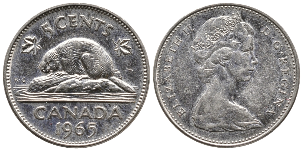 Канада 5 центов 1965 Елизавета II (1952-2022), бобер KM 60.1 никель 73-1315
