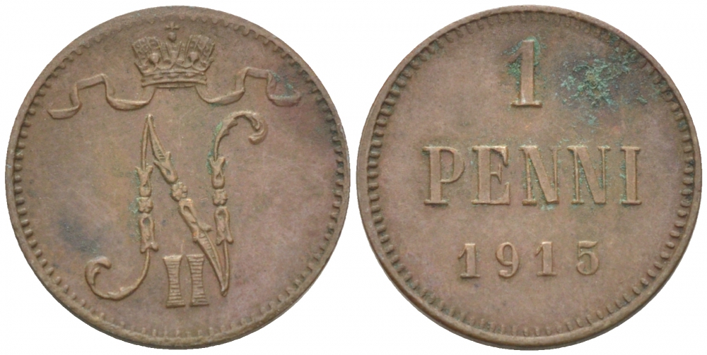 РОССИЯ ДЛЯ ФИНЛЯНДИИ 1 ПЕННИ 1915 НИКОЛАЙ II KM 13, Биткин 475 медь 211-1012