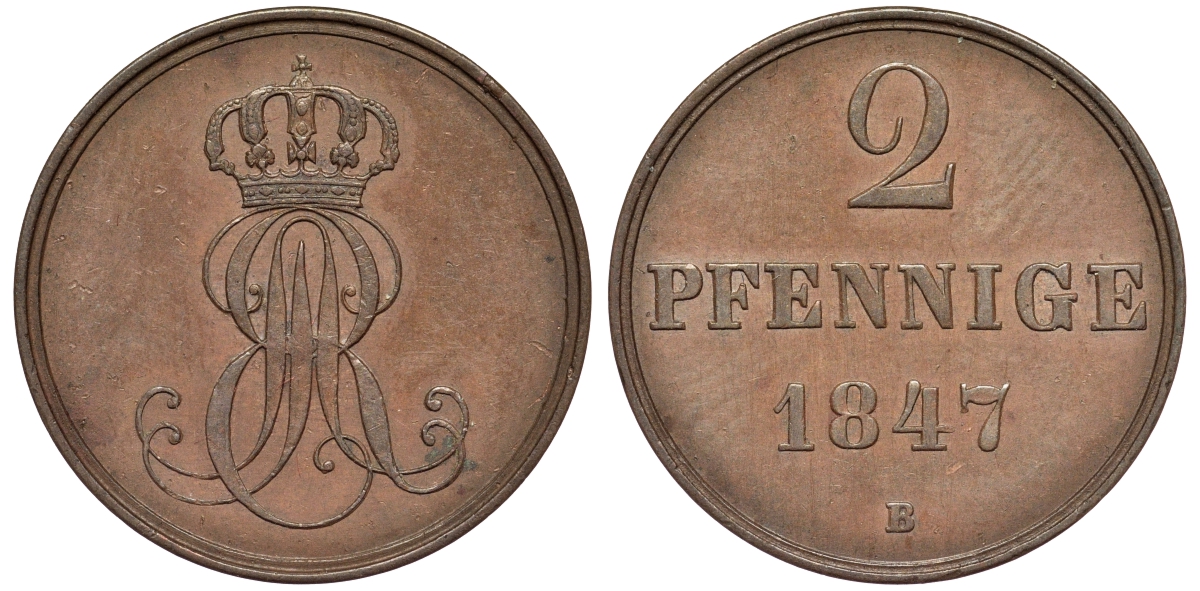 Ганновер 2 пфеннига 1847 B, Эрнст Август (1837-1851) KM 202.1, AKS 124, J. 75 медь 75-1852