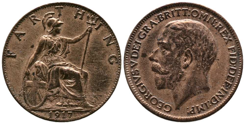 Великобритания 1 фартинг 1917 Георг V (1910-1936), темная отделка KM 808.1, Spink 4059 бронза 1518-544