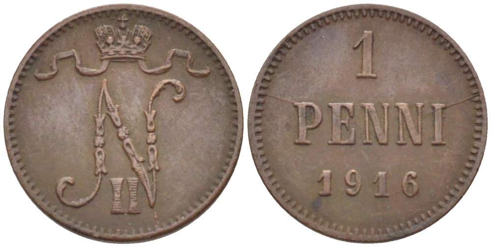 РОССИЯ ДЛЯ ФИНЛЯНДИИ 1 ПЕННИ 1916 НИКОЛАЙ II (1895-1917) KM 13, Биткин 476 медь 211-1051