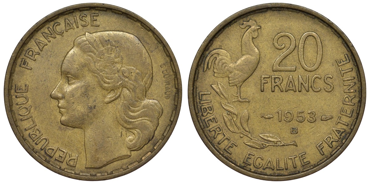 Франция 20 франков 1953 В, петух, 4 пера KM 917.2, Le Franc 402.12 алюминиевая бронза 4128-542